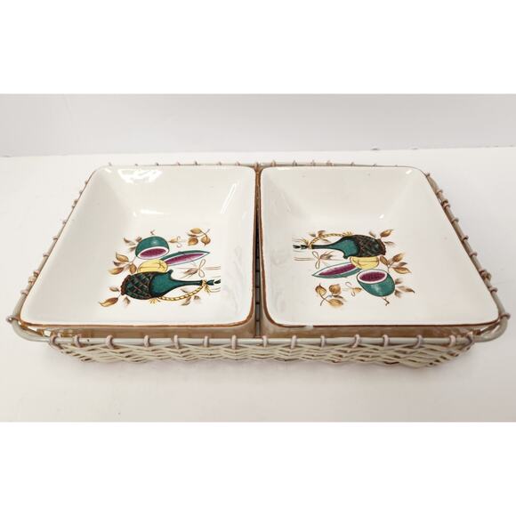 Vintage Lipper & Mann Japan Dual Serving Dishes w/ Wicker Caddy Retro Fruit - Picture 2 of 7